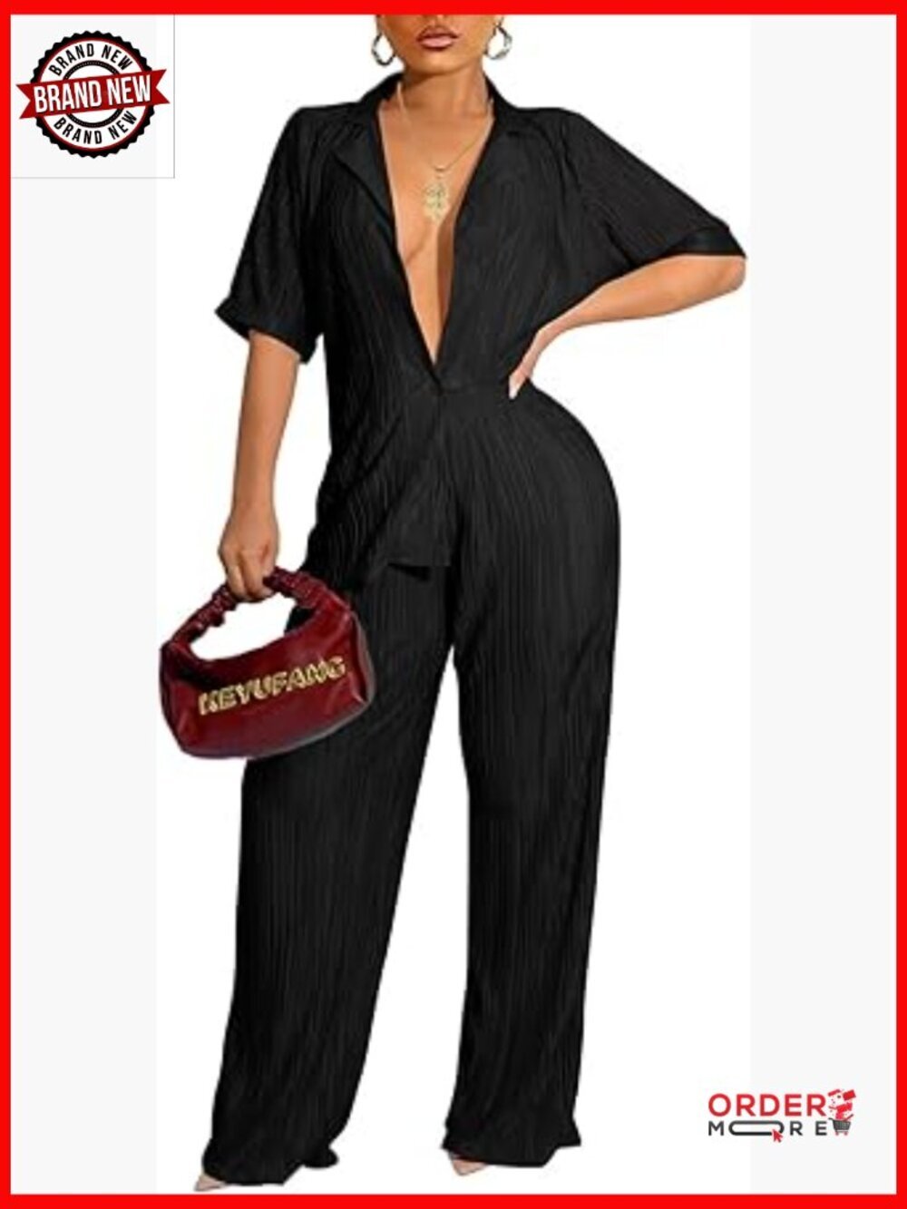 Women's 2 Piece Pleated Outfit Button Down Shirt & Wide Leg Trouser Set